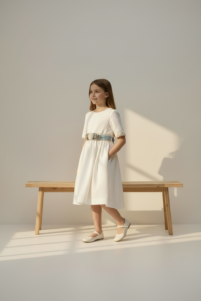 Elegant Kids Dress with Green Floral Belt – Girls Formal Party Dress