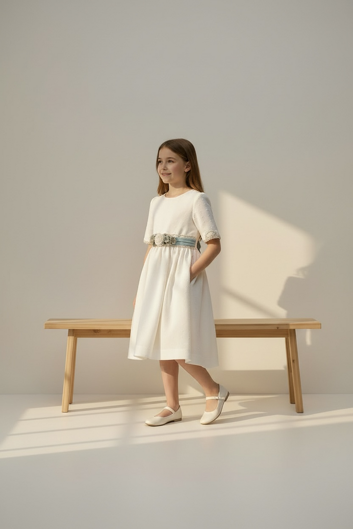 Elegant Kids Dress with Green Floral Belt – Girls Formal Party Dress