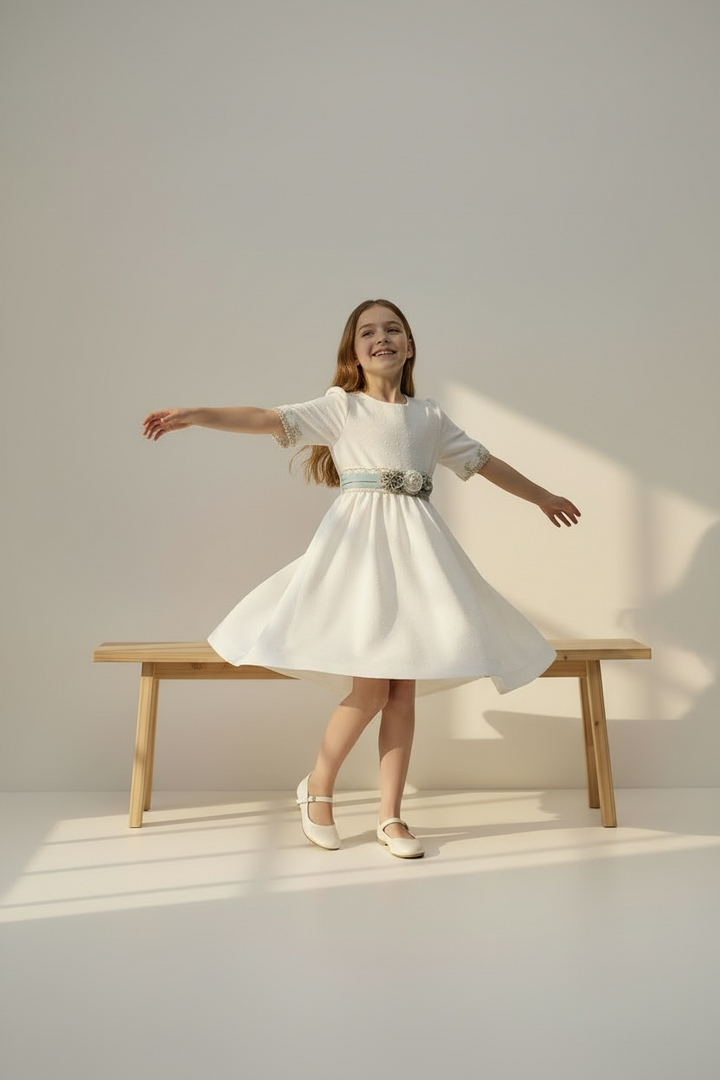 Elegant Kids Dress with Green Floral Belt – Girls Formal Party Dress