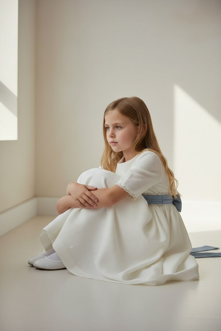 Classic Kids Dress with Blue Floral Belt – Elegant Girls Occasion Dress