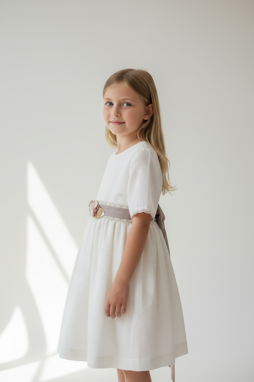 Classic Kids Dress with Beige Floral Belt – Elegant Girls Dress