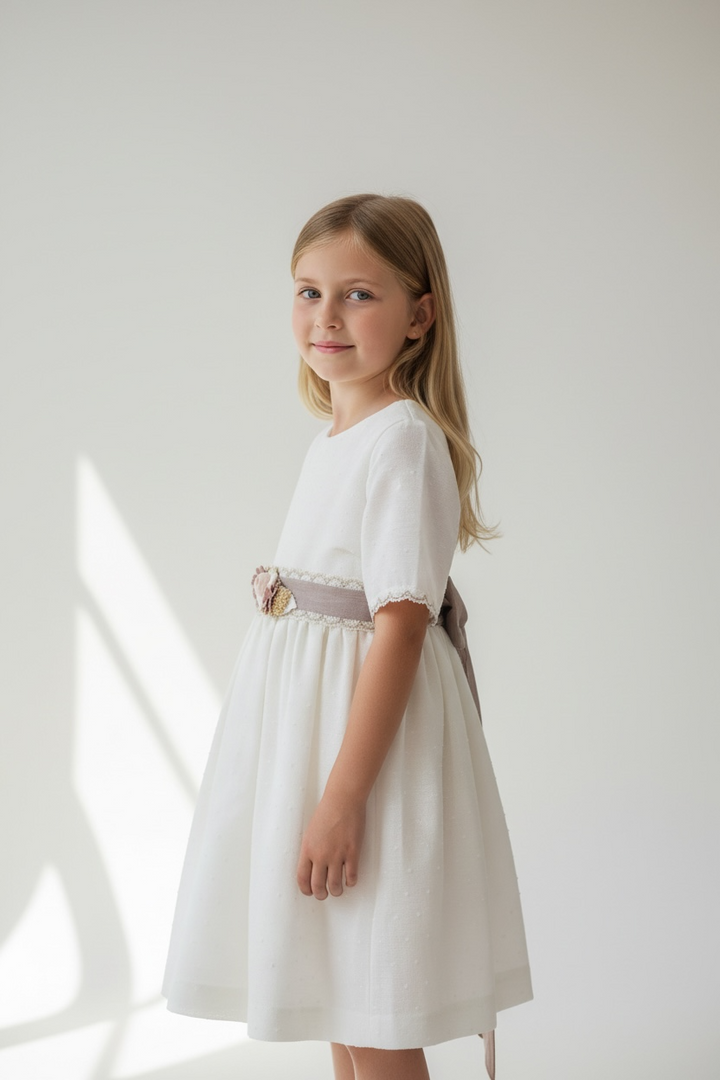 Classic Kids Dress with Beige Floral Belt – Elegant Girls Dress