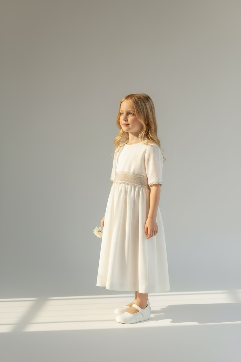 Classic Kids Dress with Beige Floral Belt – Elegant Girls Dress