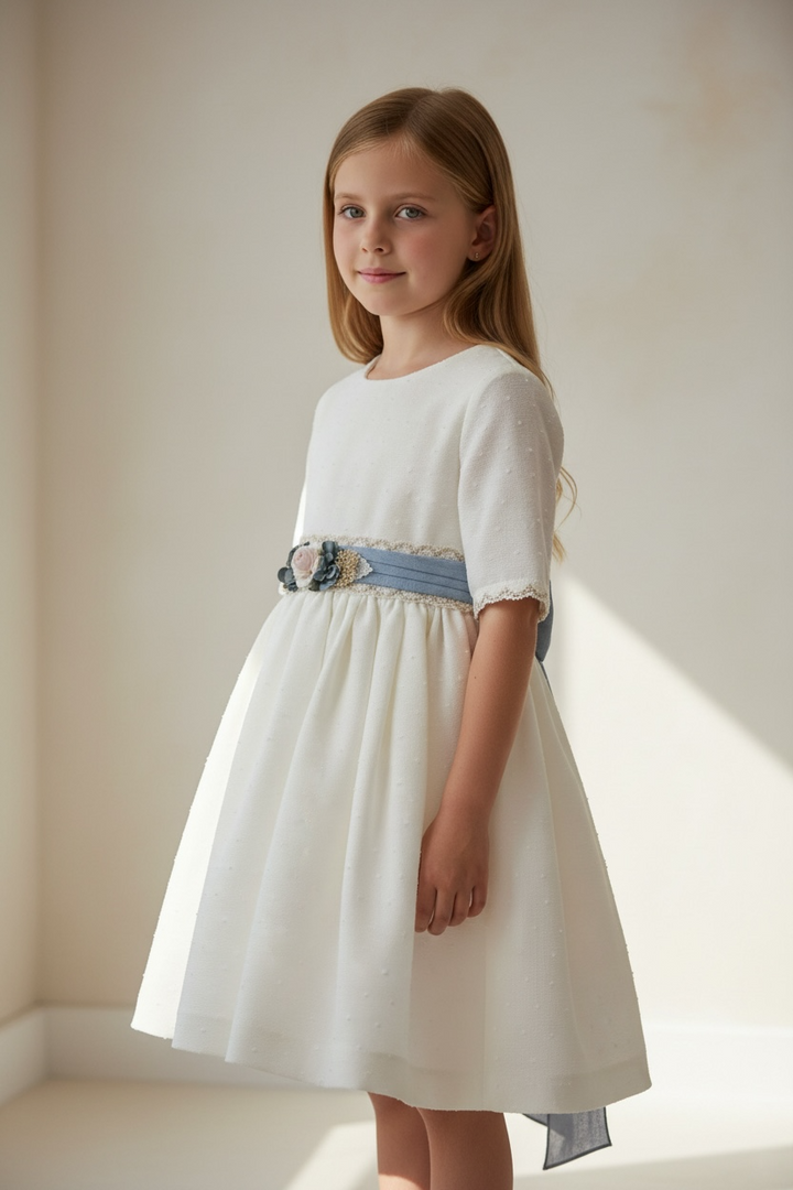Classic Kids Dress with Blue Floral Belt – Elegant Girls Occasion Dress