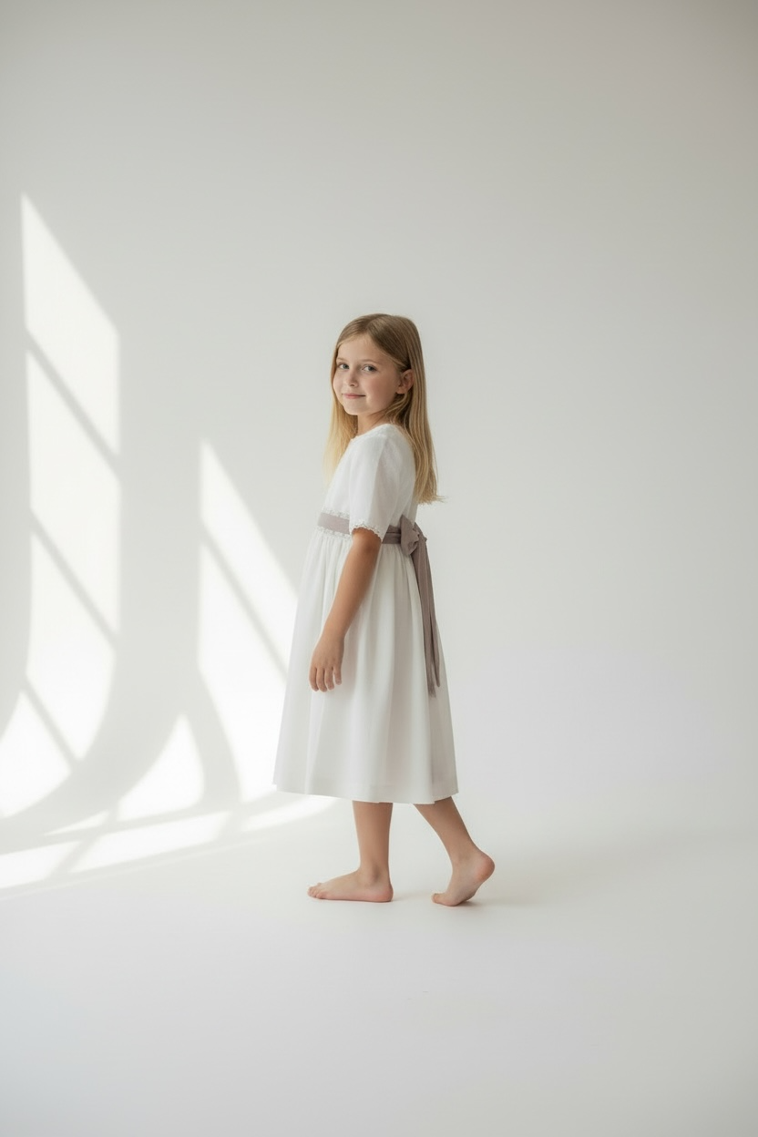 Elegant Kids Dress with Pink Floral Belt – Girls Party Dress