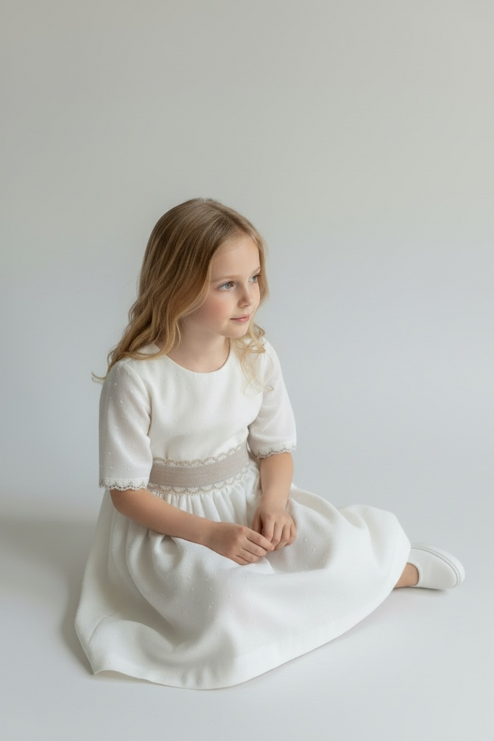 Classic Kids Dress with Beige Floral Belt – Elegant Girls Dress