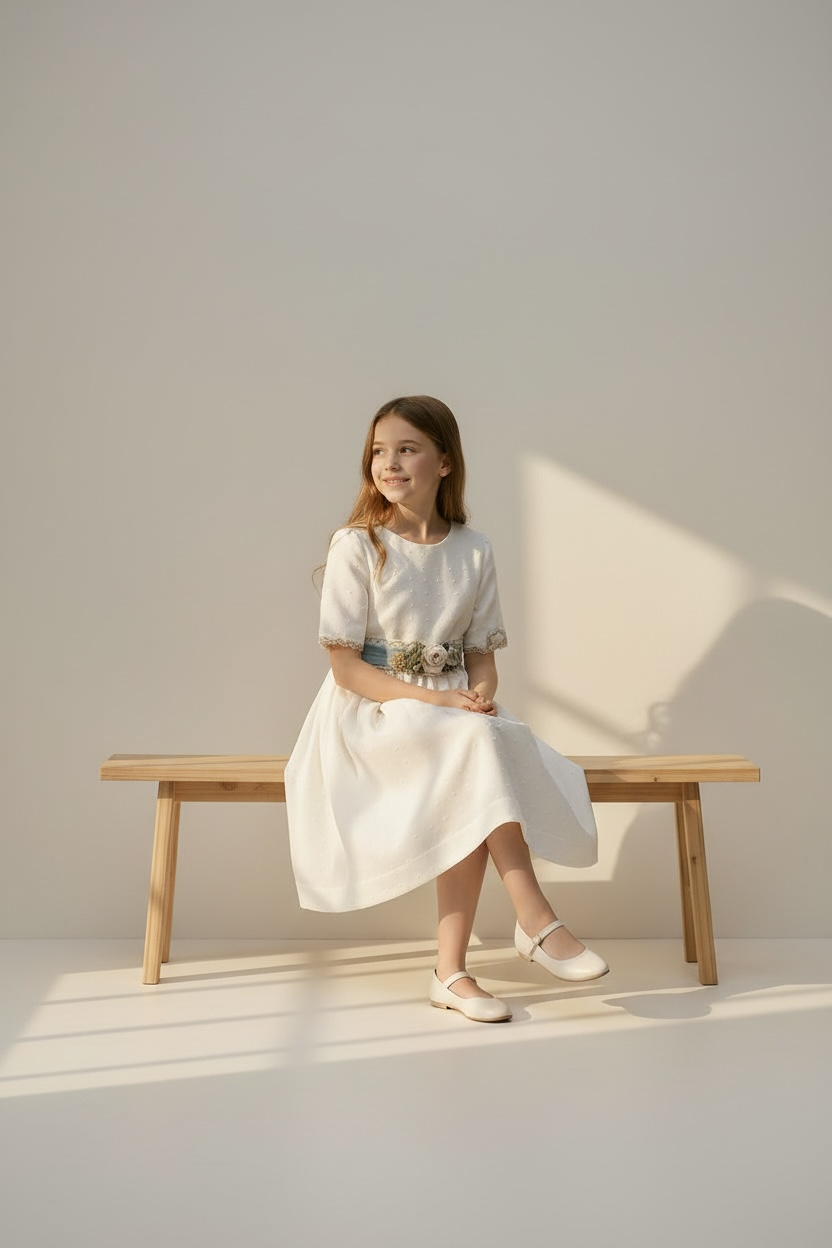 Elegant Kids Dress with Green Floral Belt – Girls Formal Party Dress