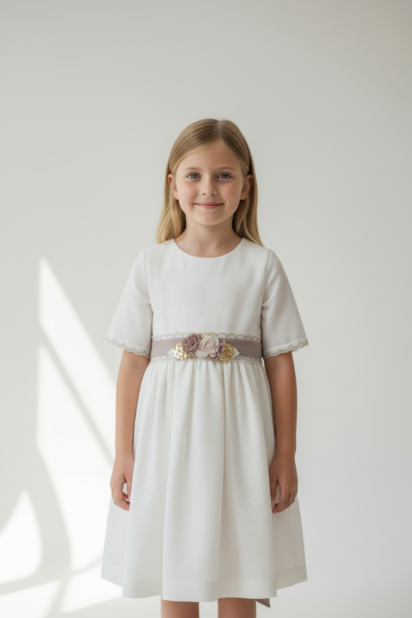 Elegant Kids Dress with Pink Floral Belt – Girls Party Dress