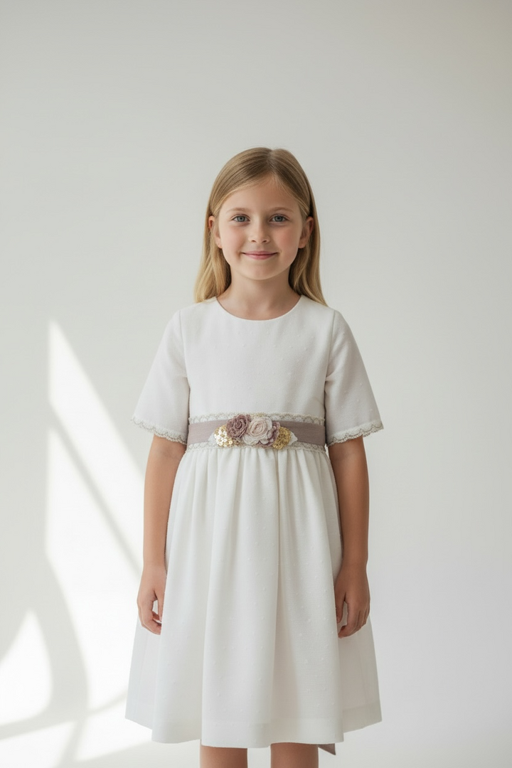 Elegant Kids Dress with Pink Floral Belt – Girls Party Dress