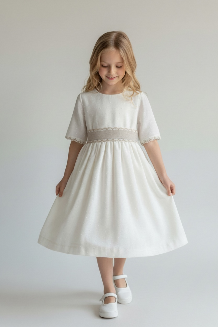 Classic Kids Dress with Beige Floral Belt – Elegant Girls Dress