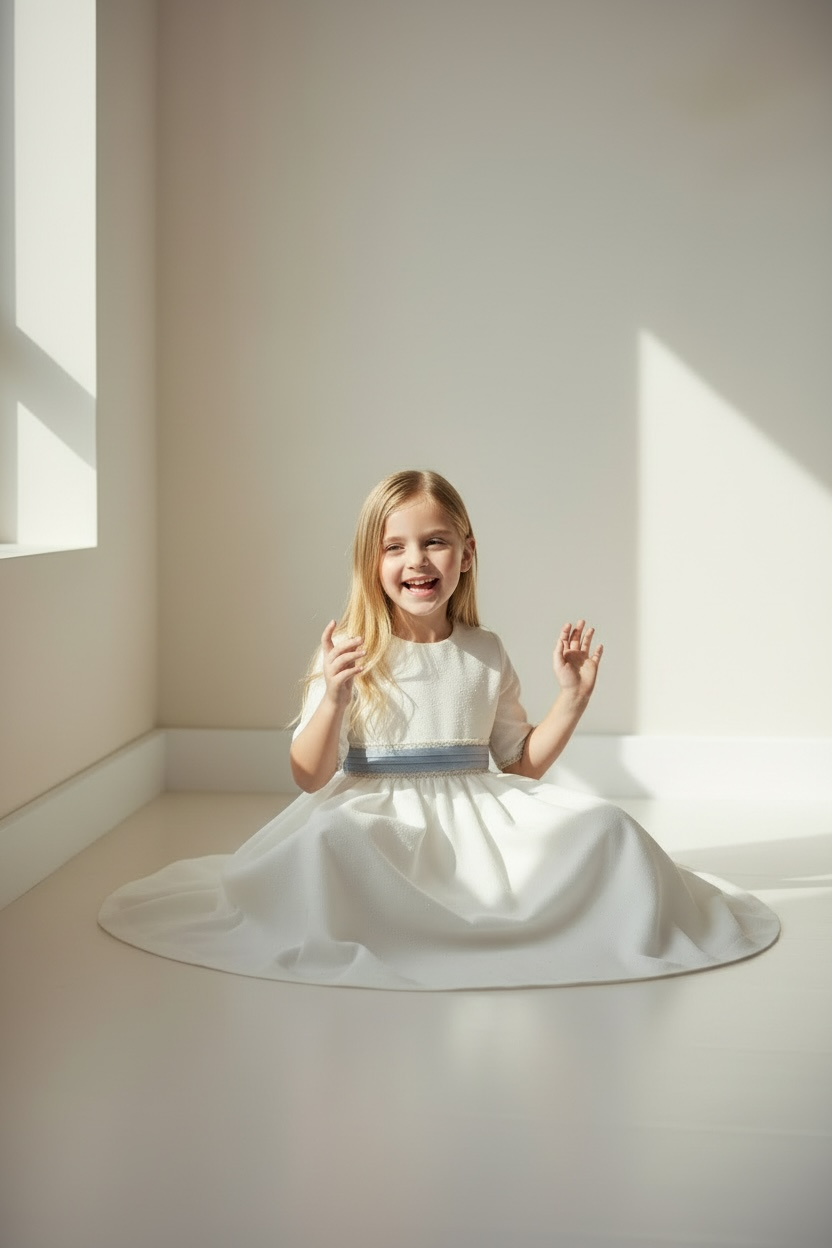 Classic Kids Dress with Blue Floral Belt – Elegant Girls Occasion Dress