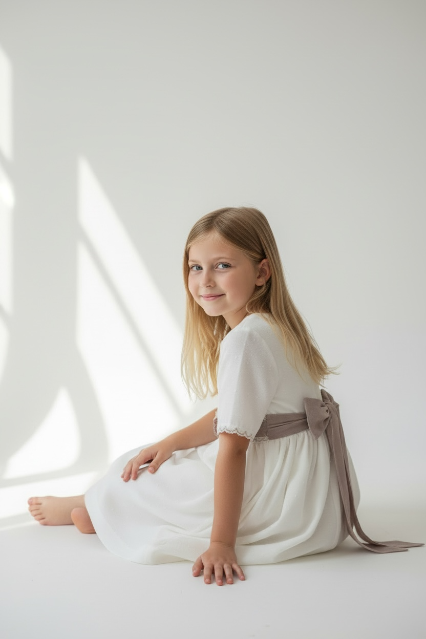 Elegant Kids Dress with Pink Floral Belt – Girls Party Dress