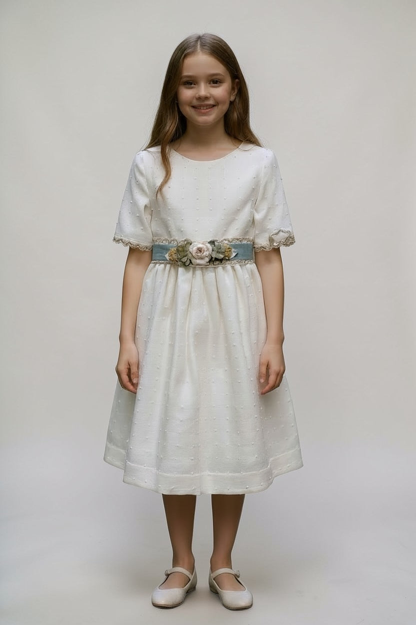 Elegant Kids Dress with Green Floral Belt – Girls Formal Party Dress